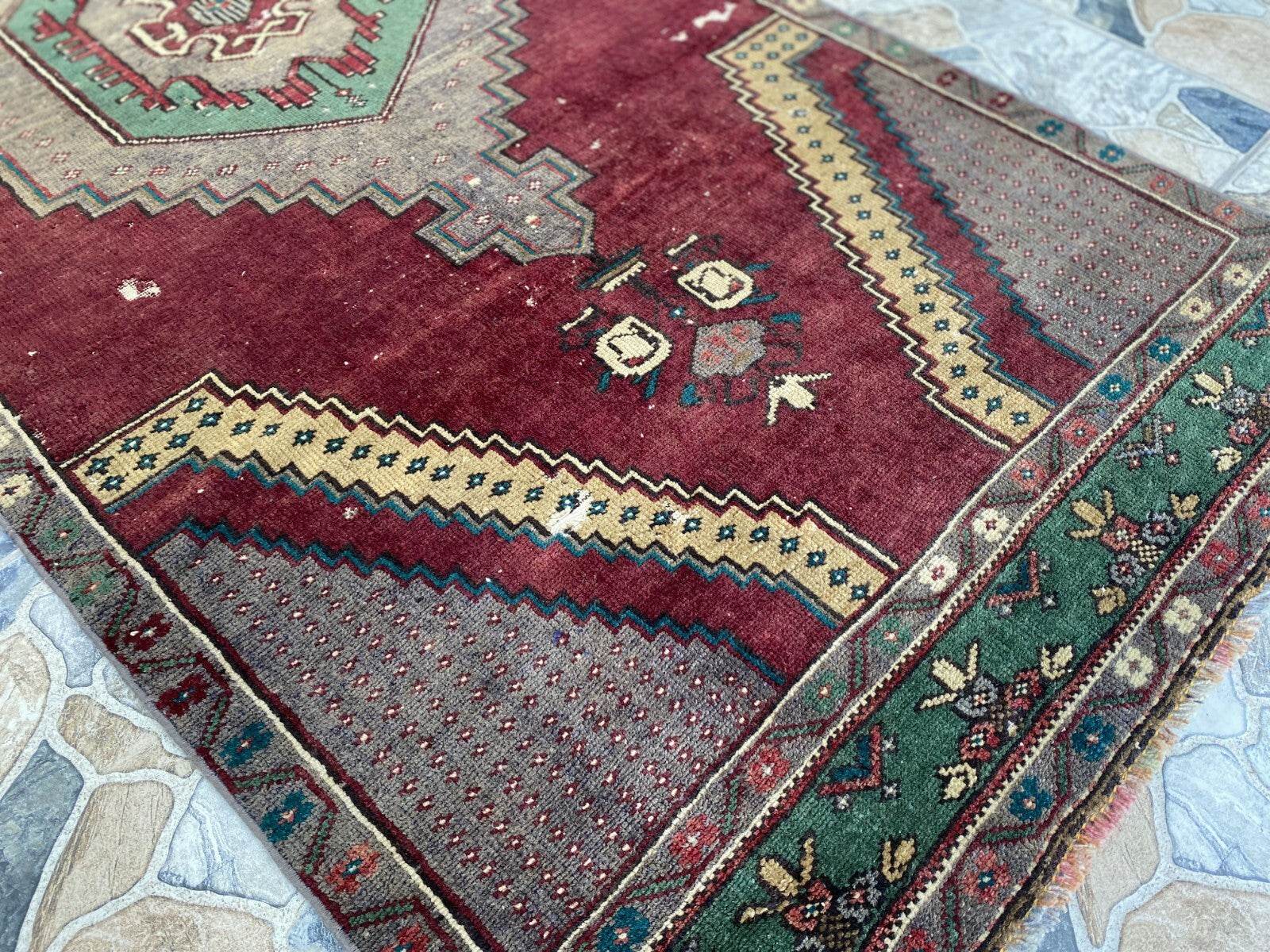 Vintage Turkish Rug | Burgundy Handmade Wool Geometric Antique Anatolian 3.2x7.7