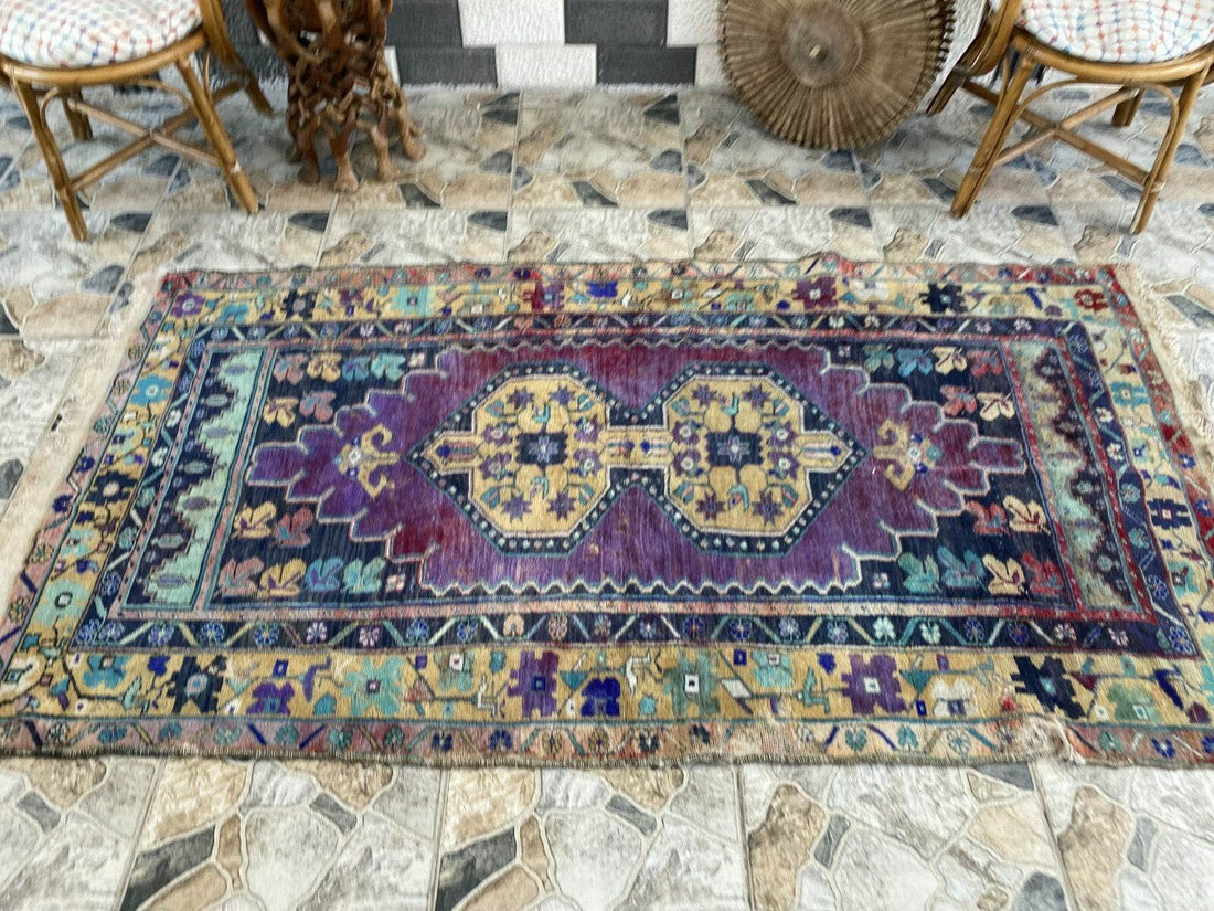Vintage Turkish Anatolian Rug | 3.9 x 7.1 ft | Hand-Knotted Rug Wool Area Carpet