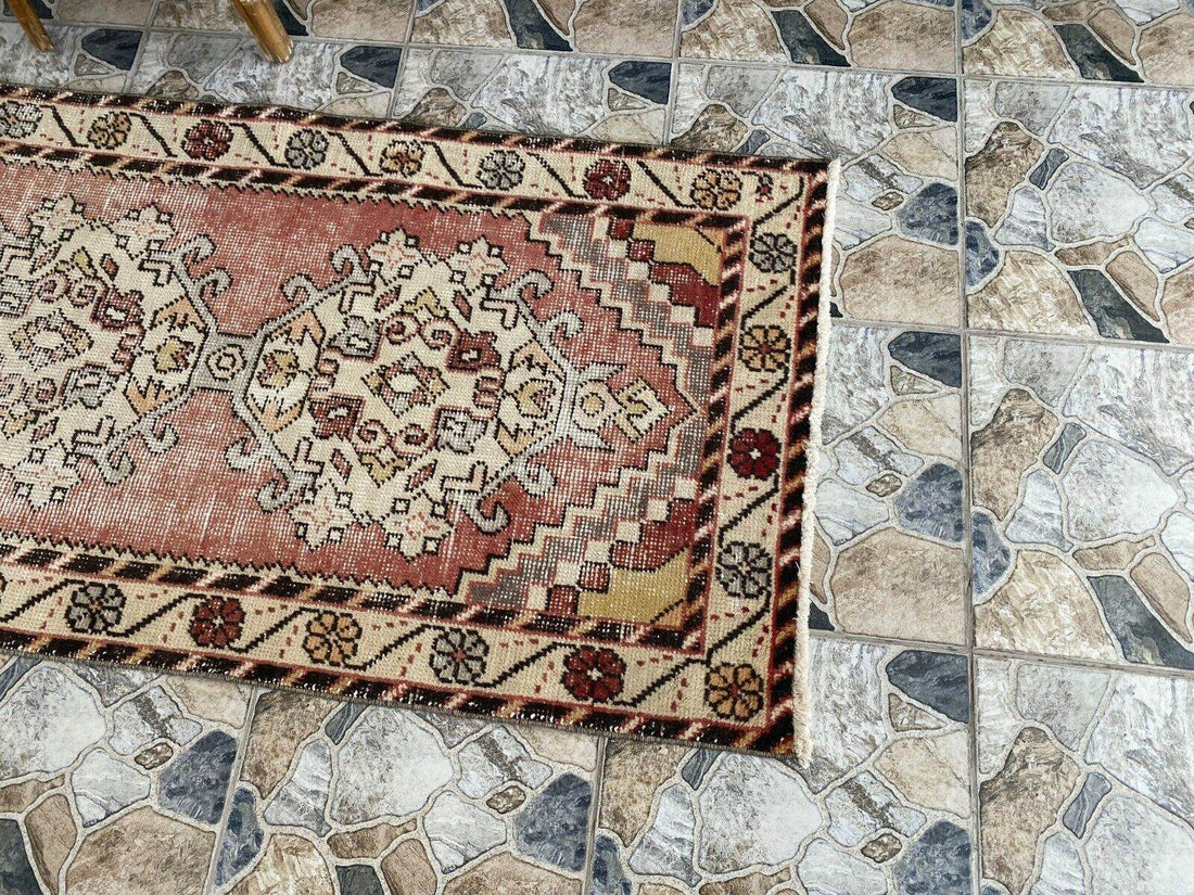 Vintage Turkish Wool Rug, Bohemian Geometric Farmhouse Handmade Runner Rug 3x9ft