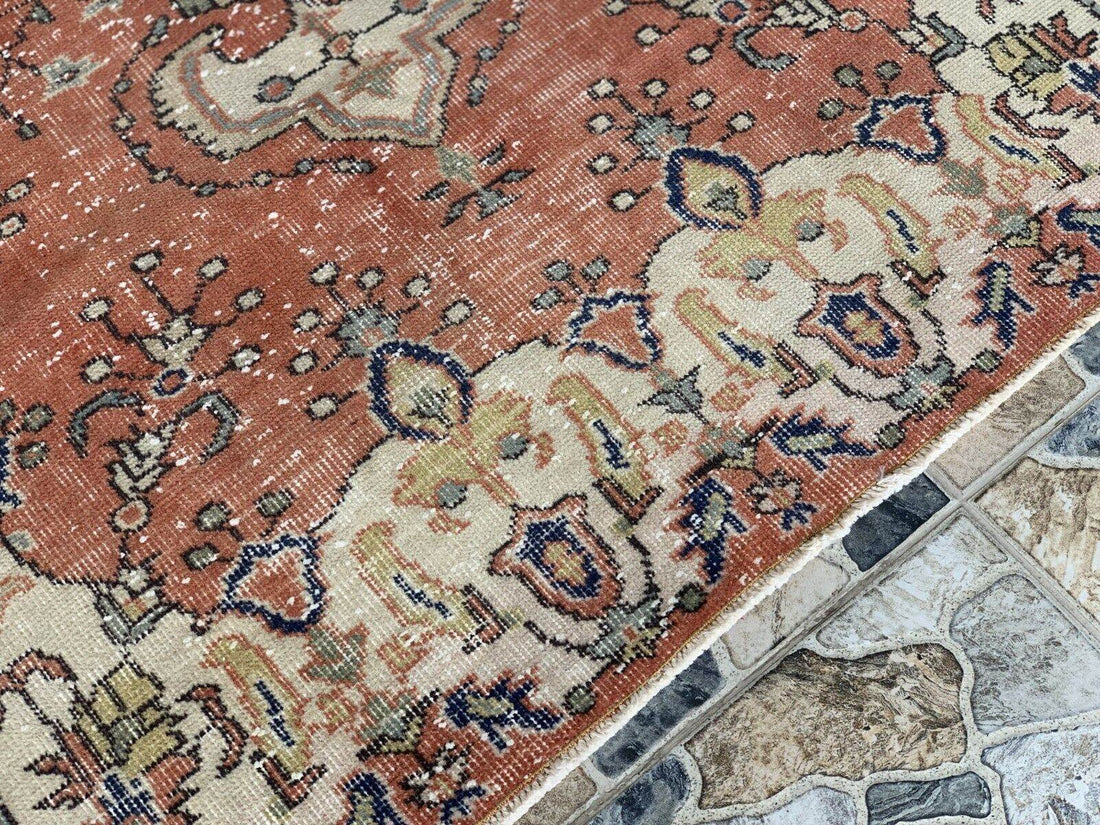 Vintage Rug, Turkish Oushak Wool Handmade Farmhouse Geometric Area Rug 3.6x6.8ft