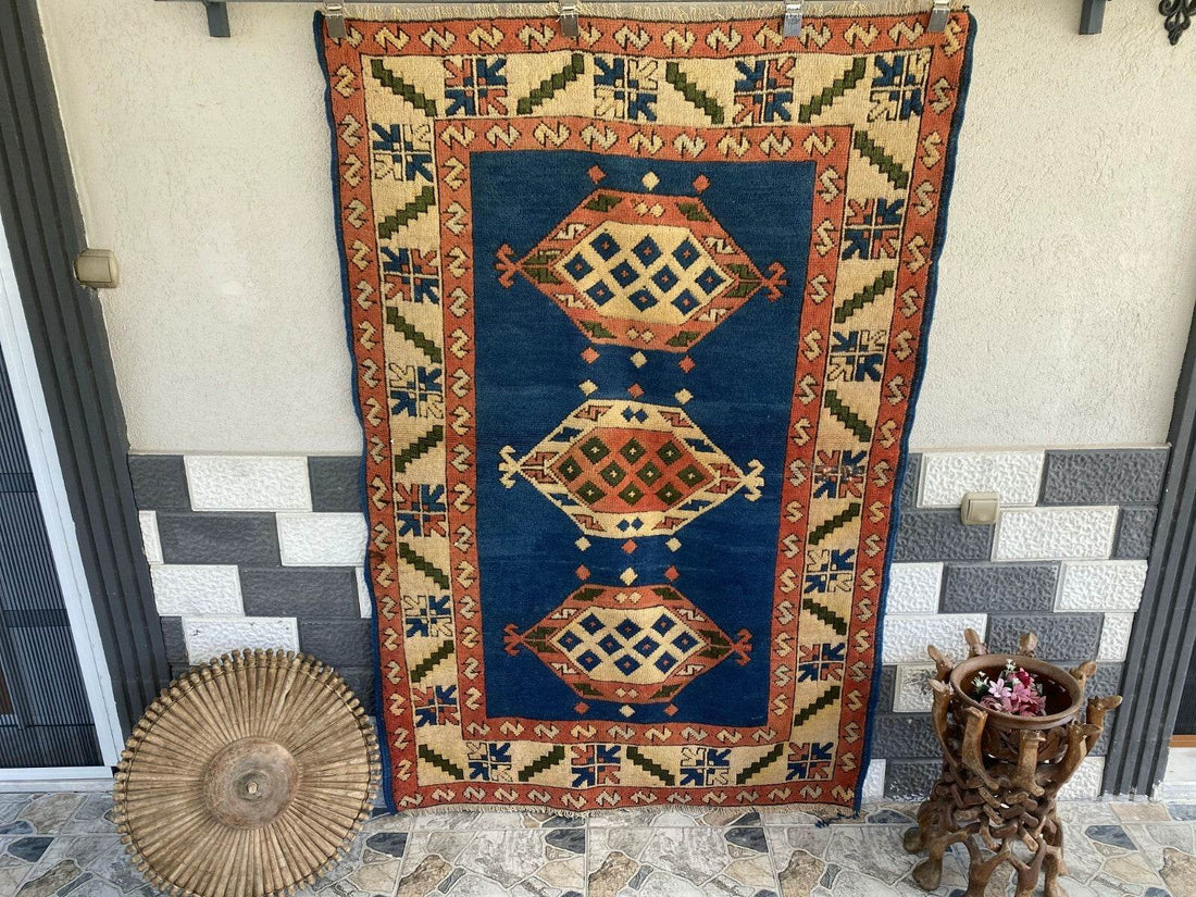 Vintage Turkish Kurdish Wool Rug | Hand-Knotted Tribal Blue Area Carpet 4x6ft