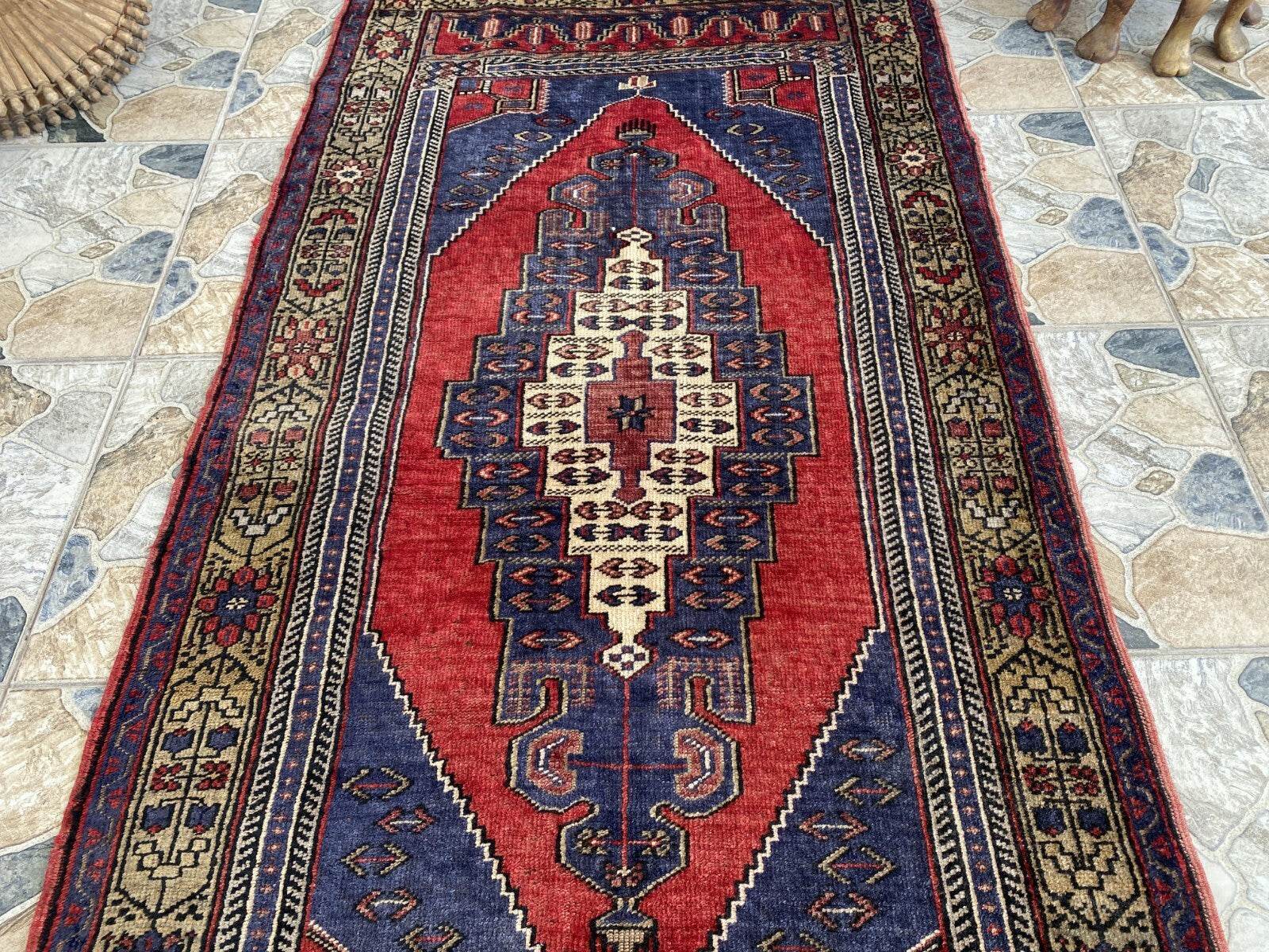 Vintage Turkish Oushak Rug 3x7 ft | Hand-Knotted Wool Anatolian Red Antique Rug