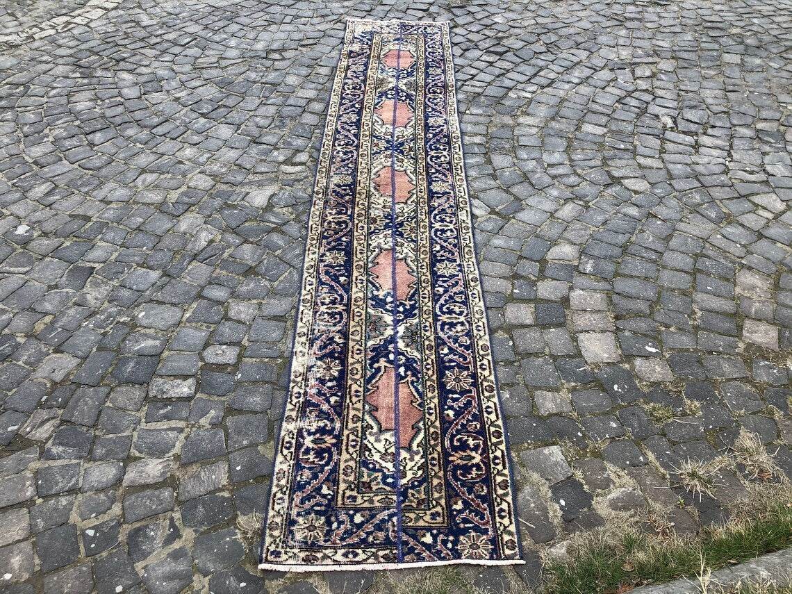 Vintage Turkish Oushak Rug | 3x11.7 ft| Antique Blue Wool Handmade Runner Carpet