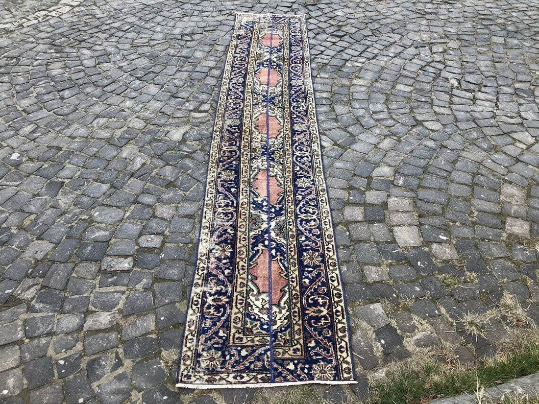 Vintage Turkish Oushak Rug | 3x11.7 ft| Antique Blue Wool Handmade Runner Carpet