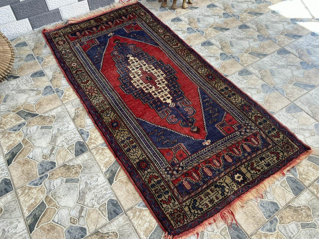 Vintage Turkish Oushak Rug 3x7 ft | Hand-Knotted Wool Anatolian Red Antique Rug
