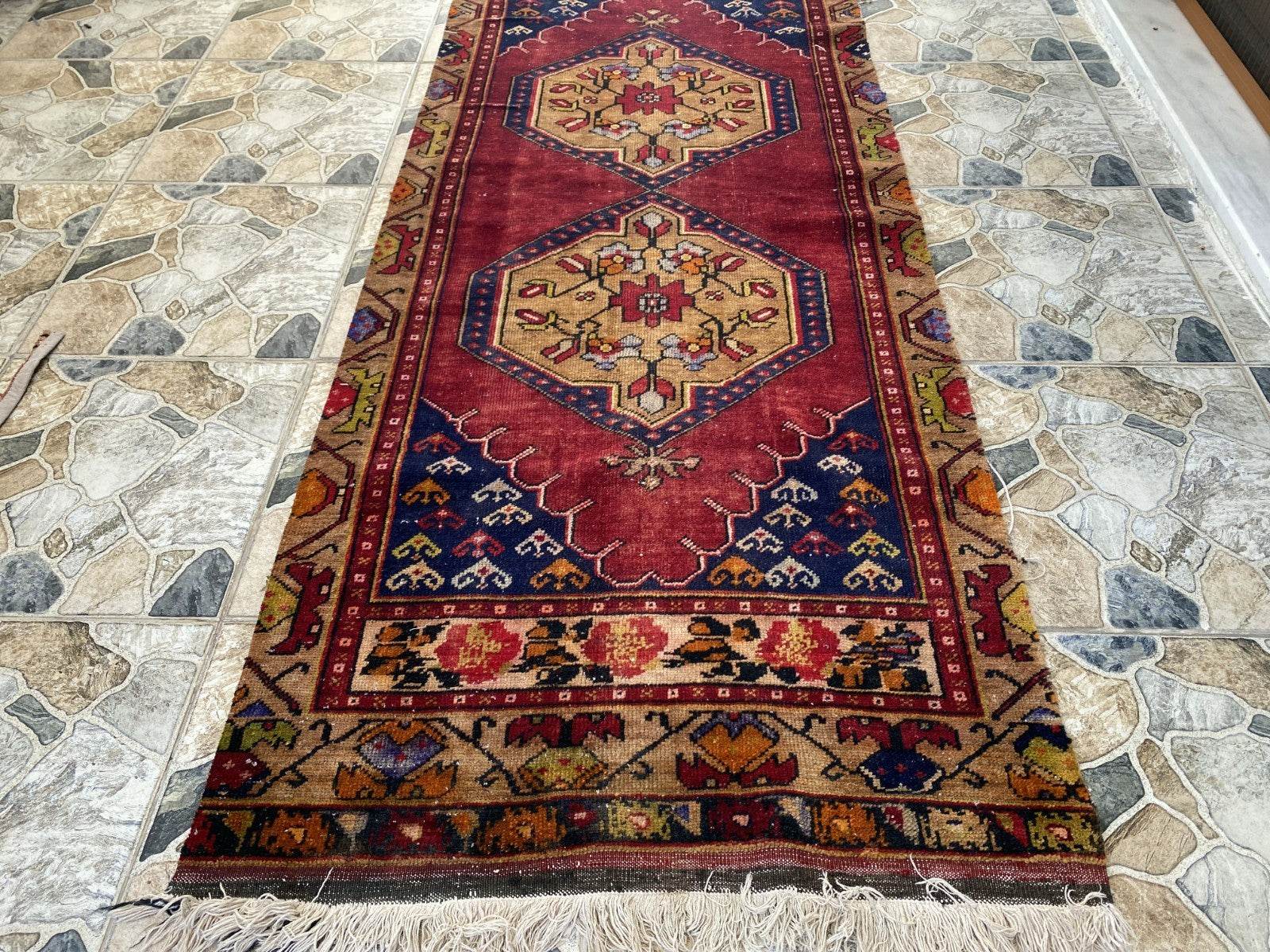 Vintage Anatolian Area Rug | 2.9x7.7 ft Handwoven Wool Antique Farmhouse Carpet