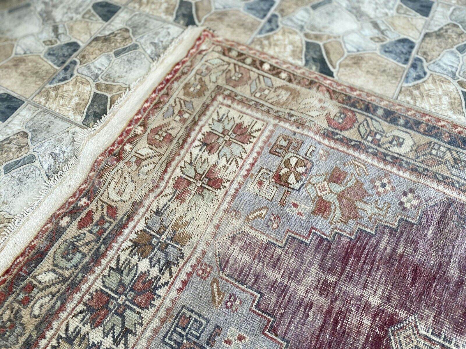 Turkish Vintage Rug Oushak Wool Geometric Handmade Antique Farmhouse 3.8x8 ft