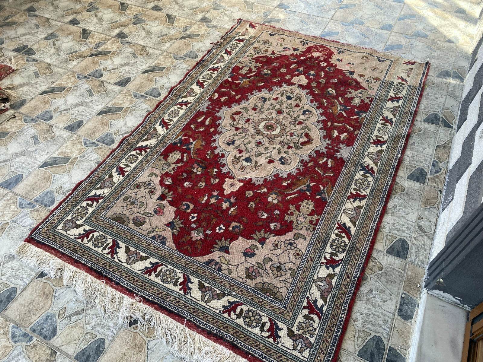 Vintage Turkish Wool Rug, Antique Red Hand-Knotted Oushak Anatolian 1970s 4x6
