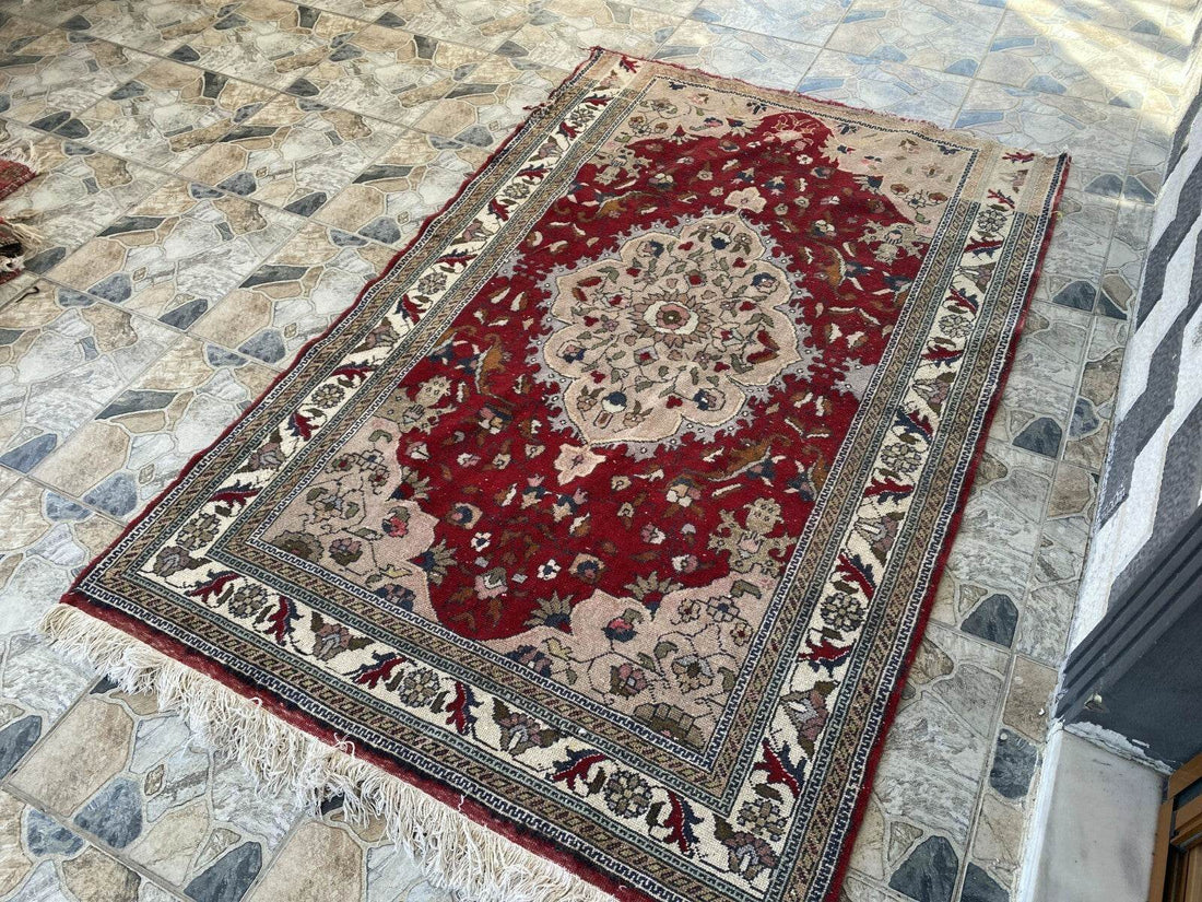 Vintage Turkish Wool Rug, Antique Red Hand-Knotted Oushak Anatolian 1970s 4x6