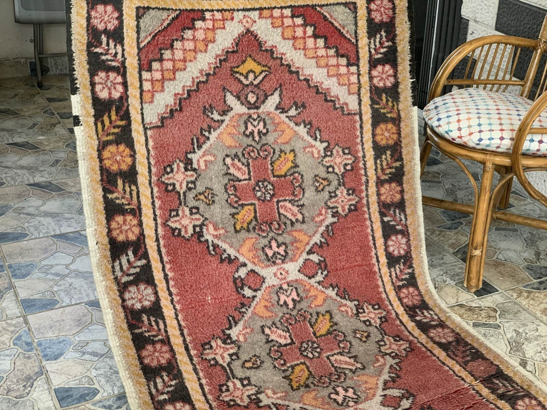 Vintage Turkish Rug | Tribal Handmade Wool Farmhouse Antique Carpet 3.2x 9.1 ft
