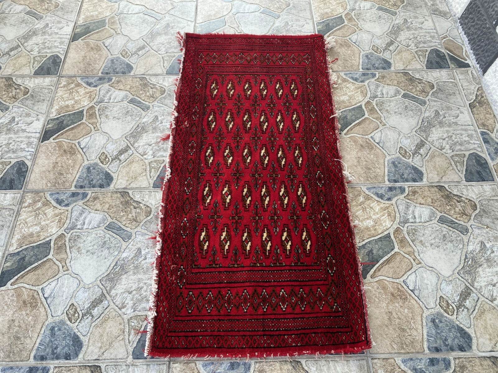 Vintage Afghan Rug - Wool Handmade Bohemian Distressed Farmhouse Small Rug 2x3