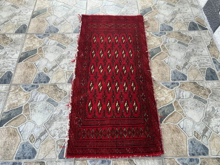 Vintage Afghan Rug - Wool Handmade Bohemian Distressed Farmhouse Small Rug 2x3
