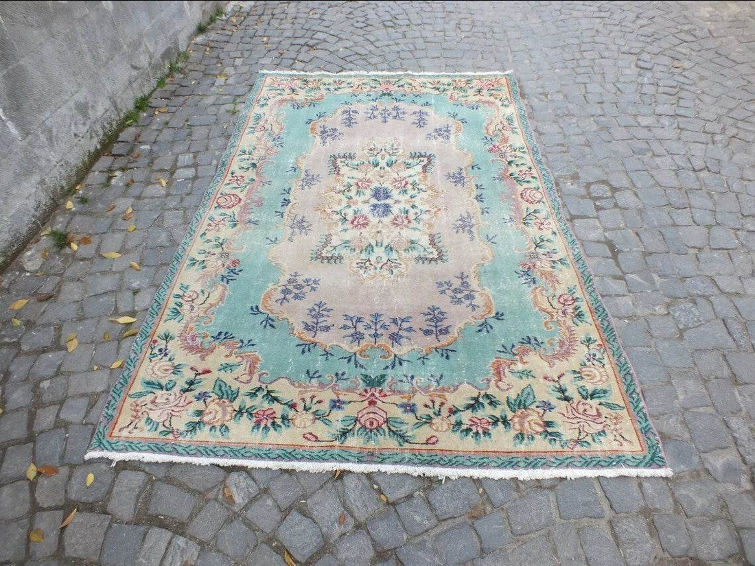Large Turkish Vintage Oushak Rug, Farmhouse Handmade Wool Geometric 6.4x9.6 Ft