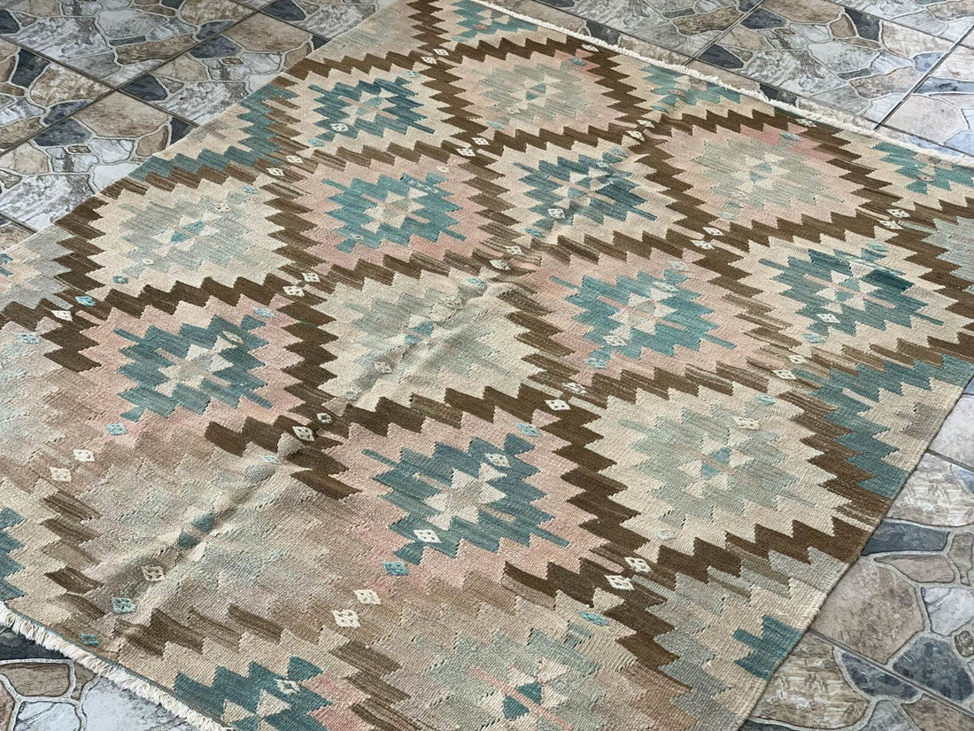 Anatolian Kilim Vintage Geometric Turkish Tribal Oushak Wool Area Rug 5.1x6.2 ft