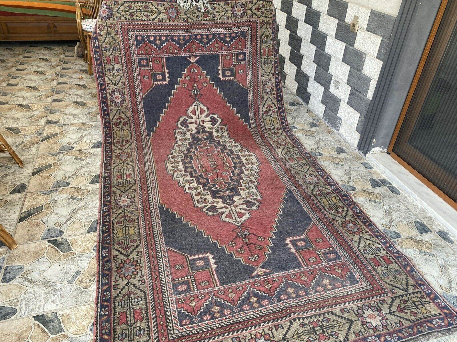 Vintage Turkish Oushak Rug, 5.0x9.7 ft Red Handmade Wool Antique Tribal Area Rug