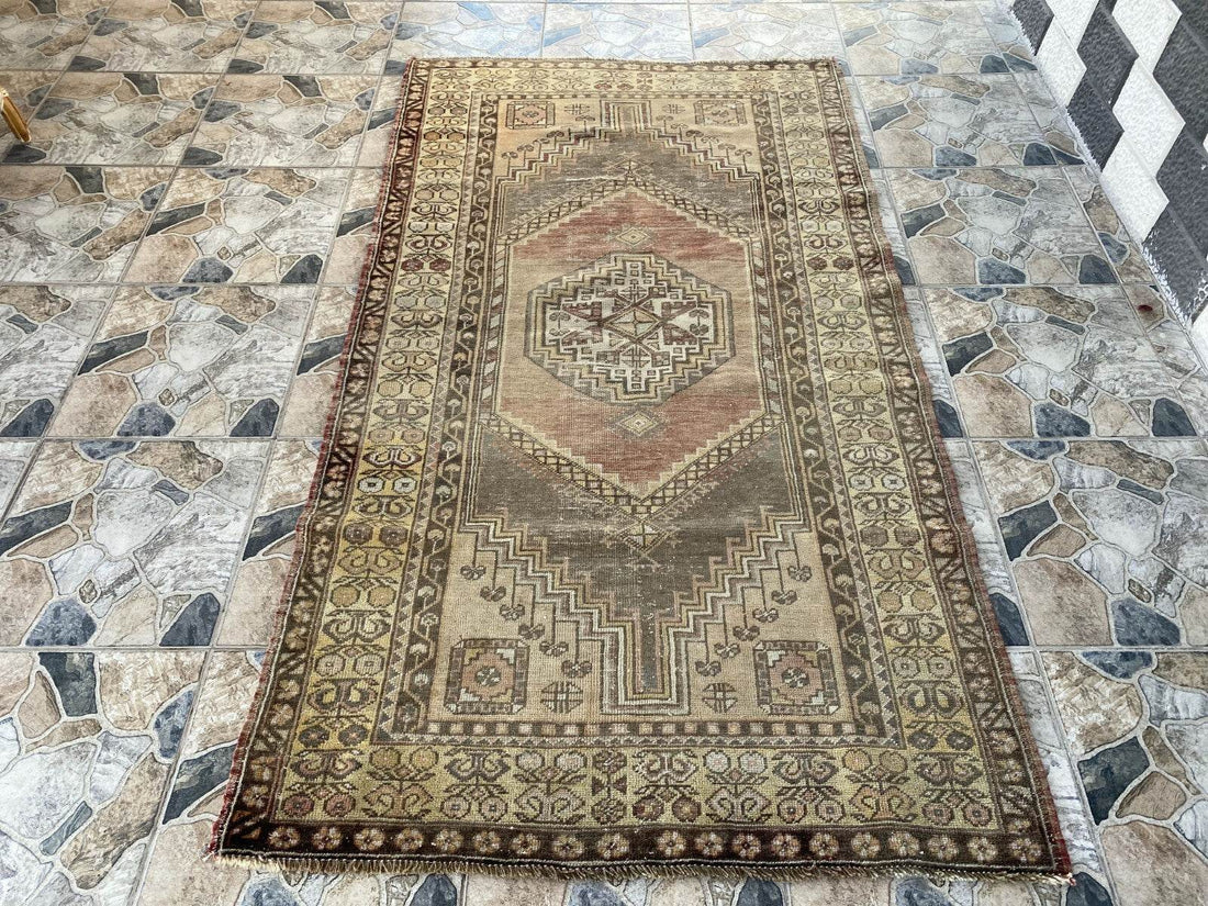 Vintage Turkish Oushak Rug, 4 x 7 ft Red Handmade Wool Antique Tribal Area Rug