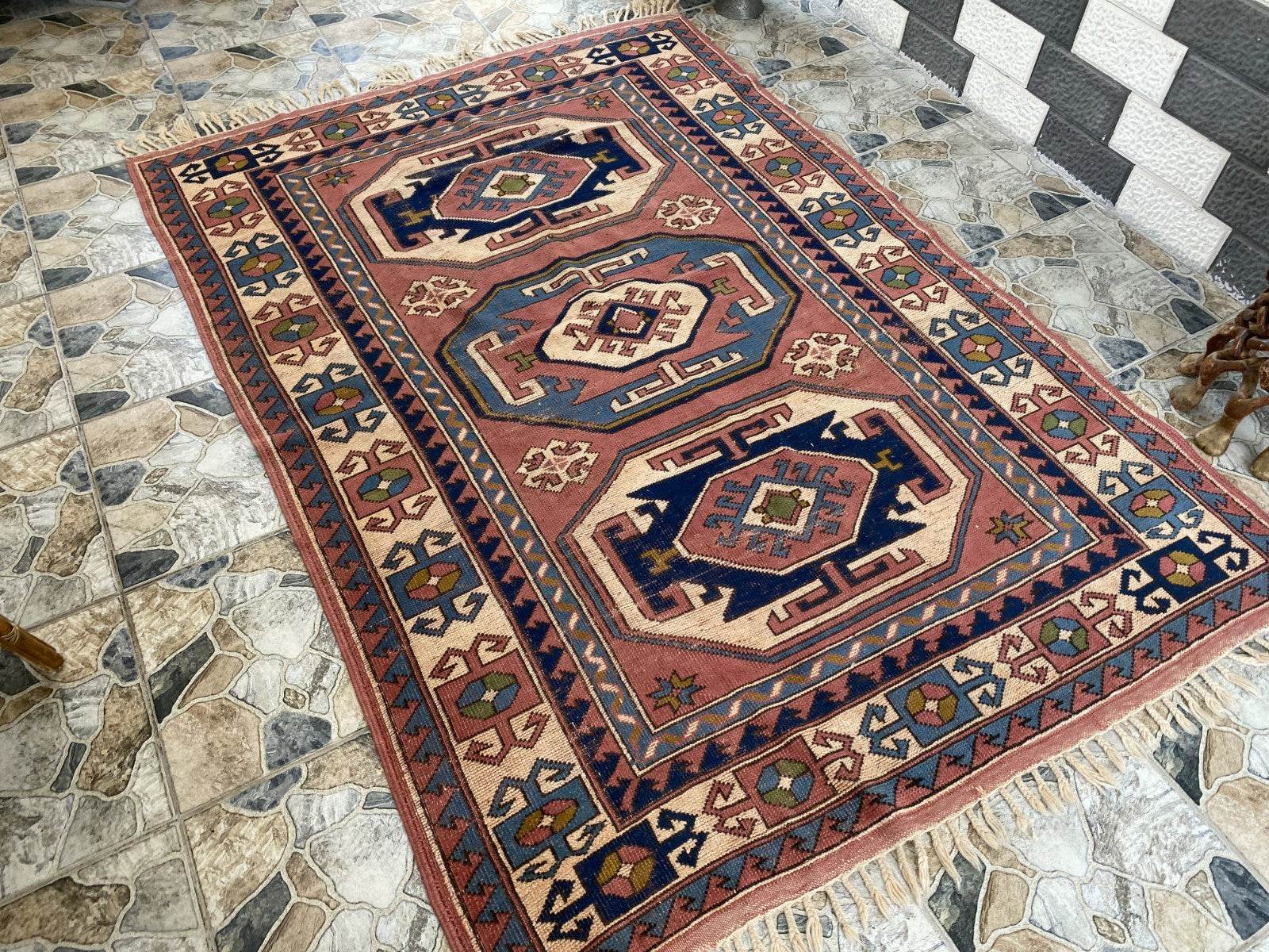 Vintage Turkish Rug | 5.3 x 7.9 ft Hand-Knotted Wool Faded Pastel Anatolian Area