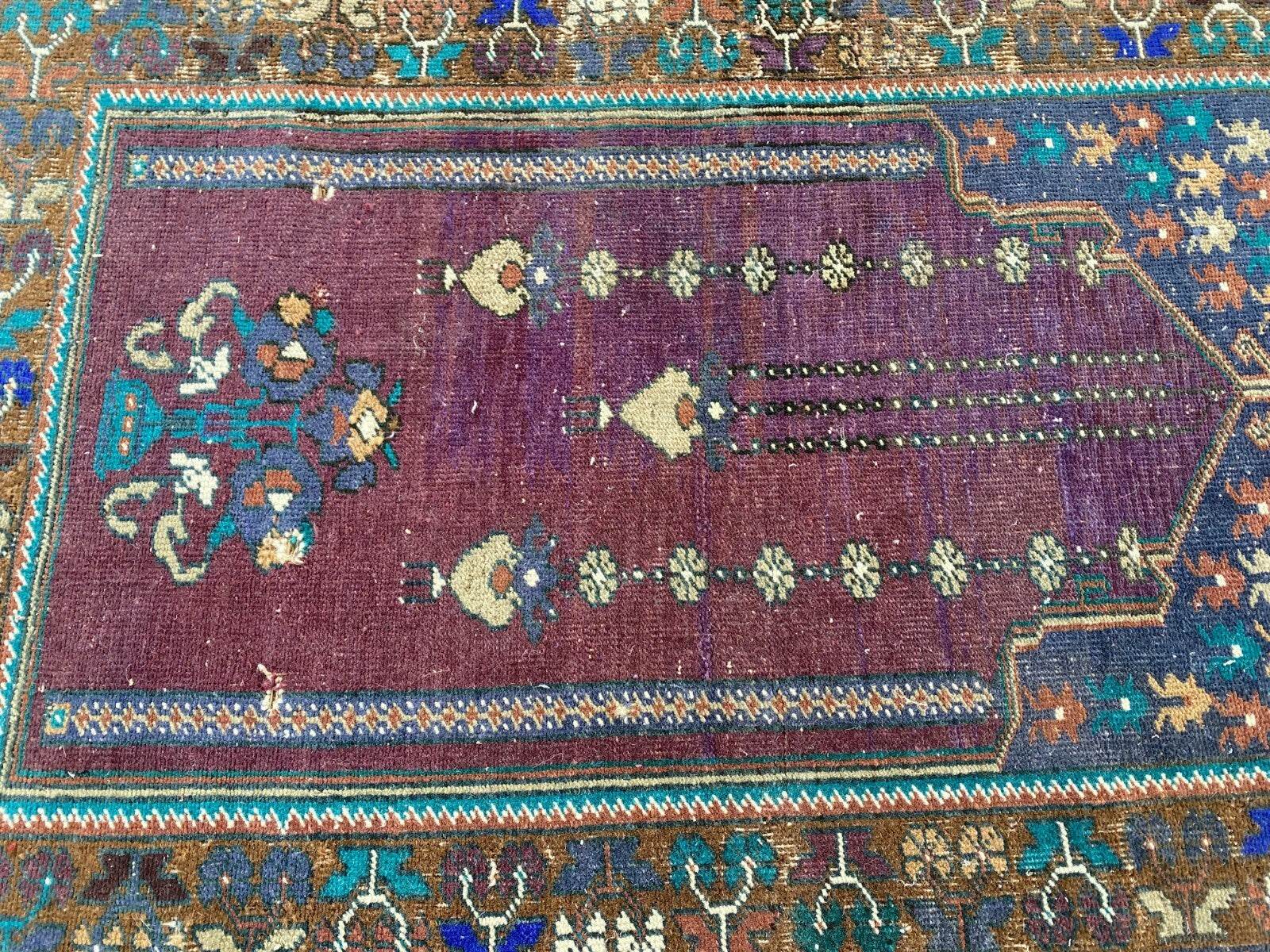 Vintage Turkish Handmade Wool Prayer Rug | Geometric Anatolian Oushak Carpet 2x4