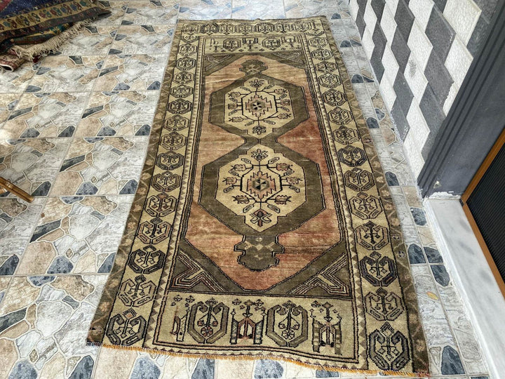 Vintage Rug, Oushak Geometric Turkish Handmade Red Tribal Oriental Rug 4.2x8.7ft