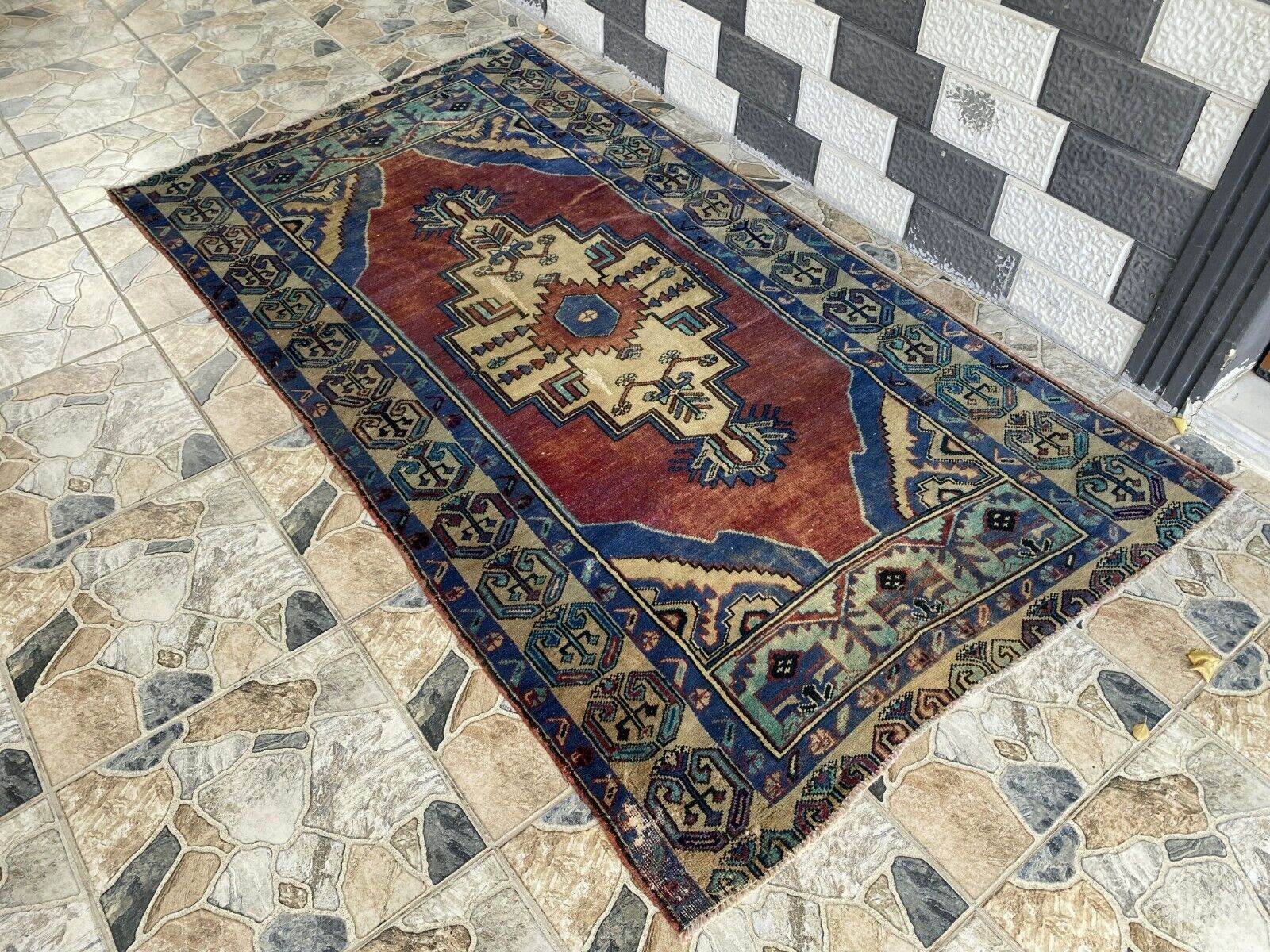 Pre 1950's Vintage Turkish Rug | Antique Tribal Handmade Wool Carpet 3.9x7.1 ft