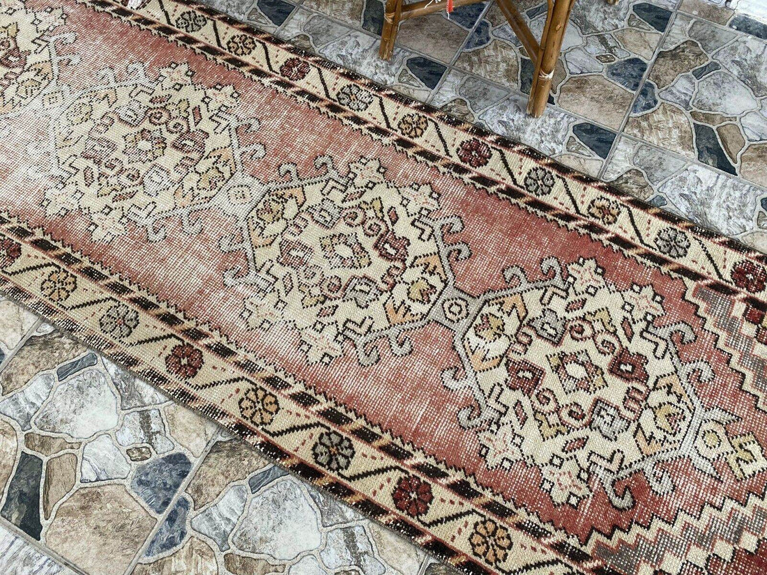 Vintage Turkish Wool Rug, Bohemian Geometric Farmhouse Handmade Runner Rug 3x9ft