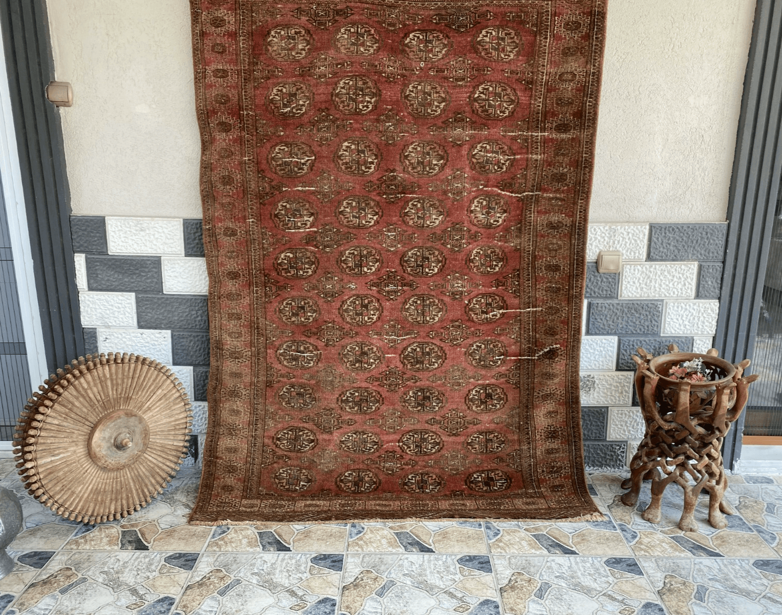 VINTAGE RUG HAND-KNOTTED Afghan Style BUKHARA handmade wool RED antique farmhouse rug