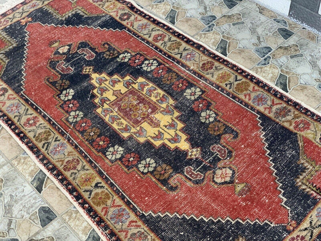 Vintage Oushak Geometric Rug, Handmade Turkish Anatolian Wool Carpet 4.2x8.6