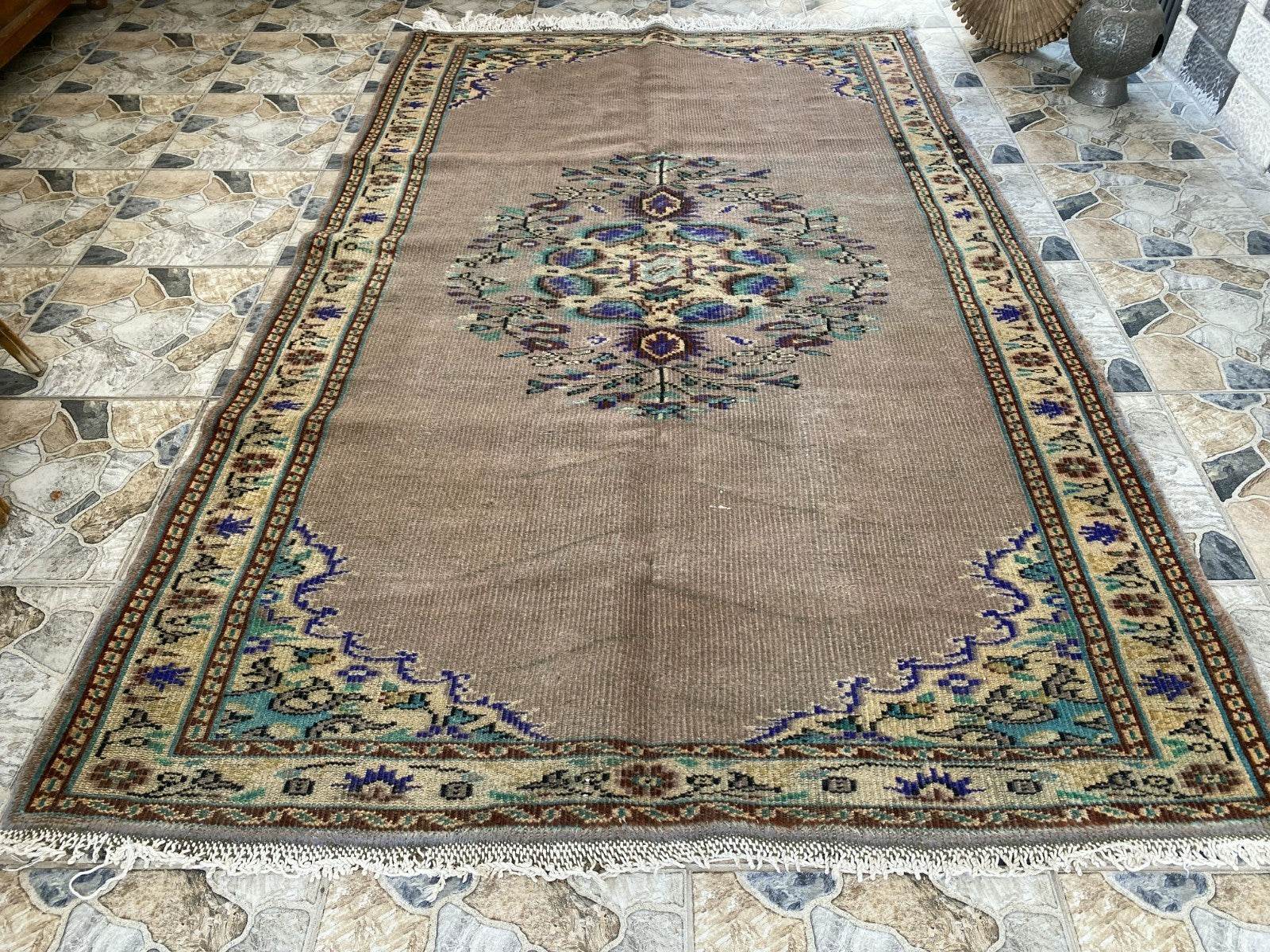 Vintage Turkish Rug | 5.4 x 8.7 ft Hand-Knotted Wool Faded Pastel Anatolian Rug