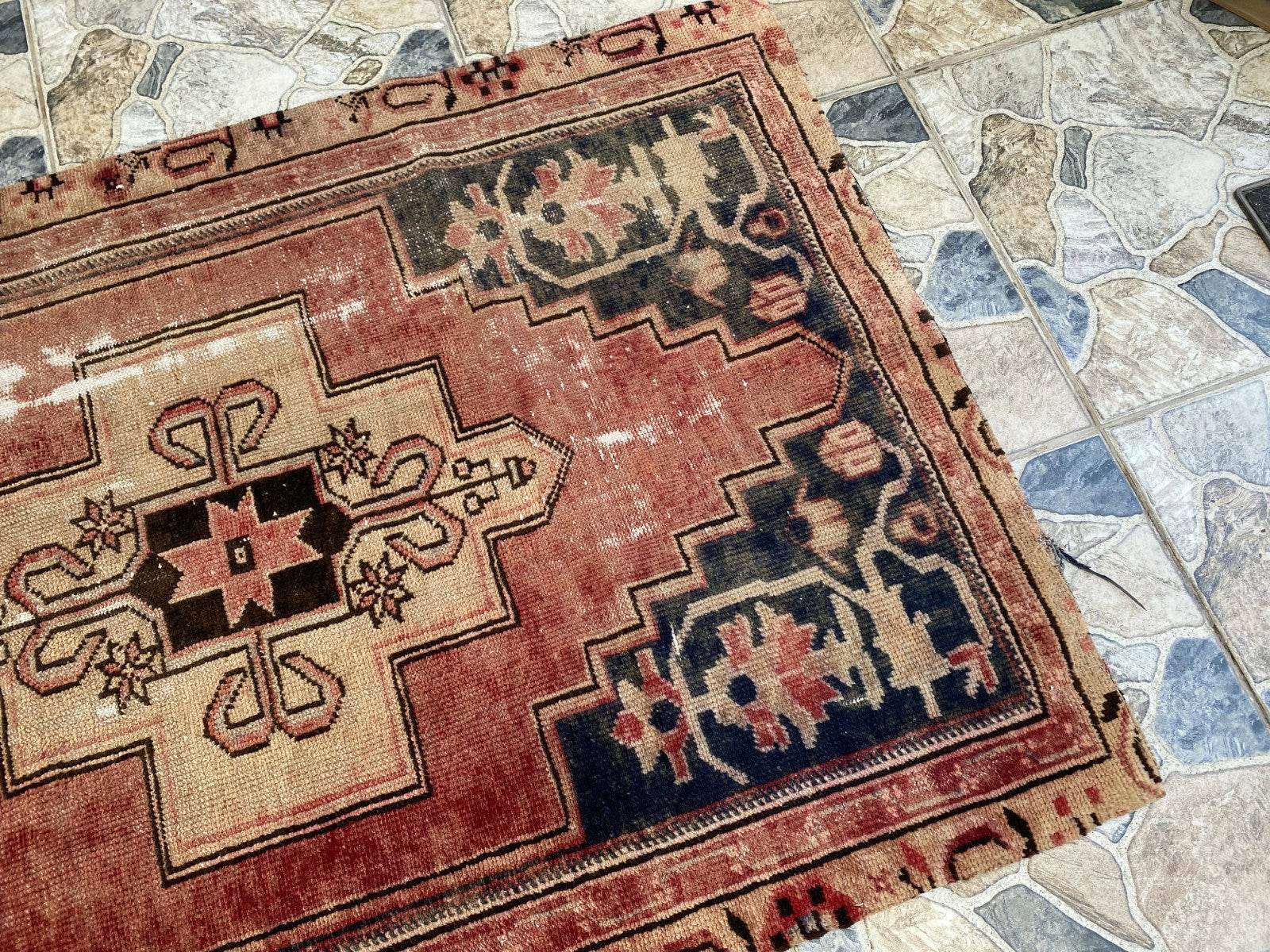 Vintage Anatolian Area Rug | 3.0x6.7 ft Hand-Knotted Wool Faded Rustic Geometric