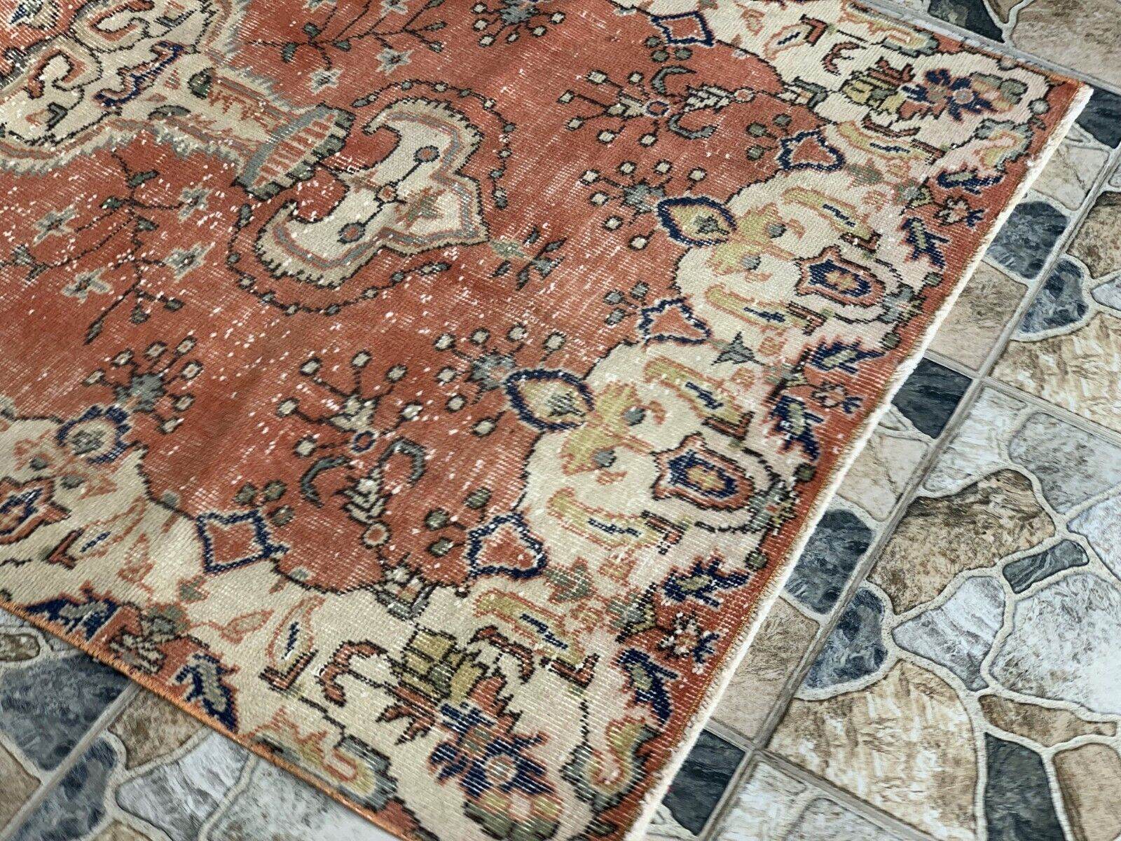 Vintage Rug, Turkish Oushak Wool Handmade Farmhouse Geometric Area Rug 3.6x6.8ft