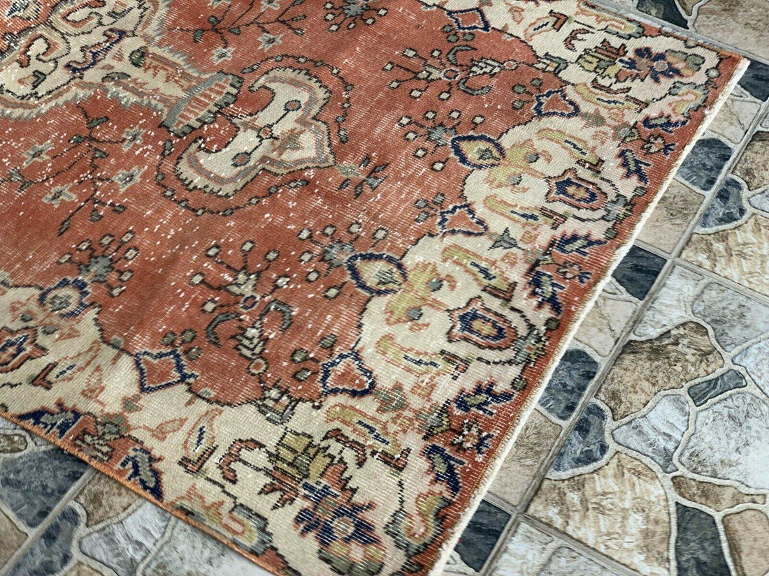 Vintage Rug, Turkish Oushak Wool Handmade Farmhouse Geometric Area Rug 3.6x6.8ft