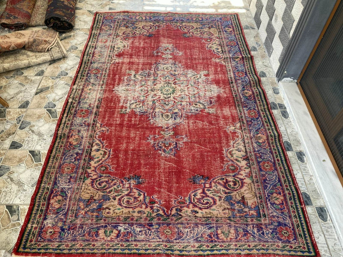 Vintage Anatolian Area Rug | 6.1 x 9.8 ft Hand-Knotted Wool Faded Rustic Carpet