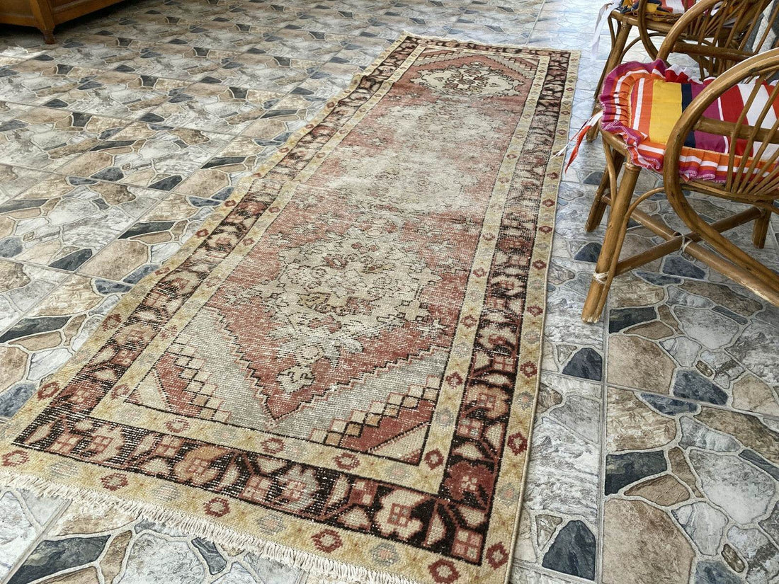 Vintage Runner Rug | Antique Wool Bohemian Anatolian Handmade Turkish 3.2x9.4ft