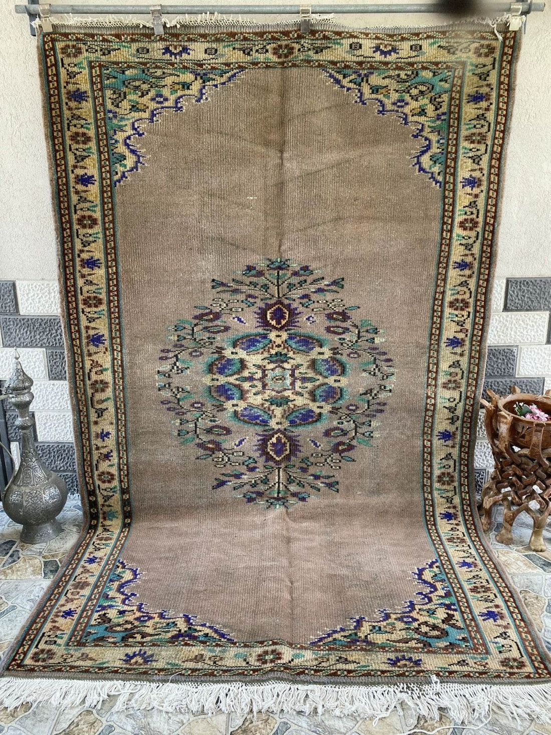 Vintage Turkish Rug | 5.4 x 8.7 ft Hand-Knotted Wool Faded Pastel Anatolian Rug