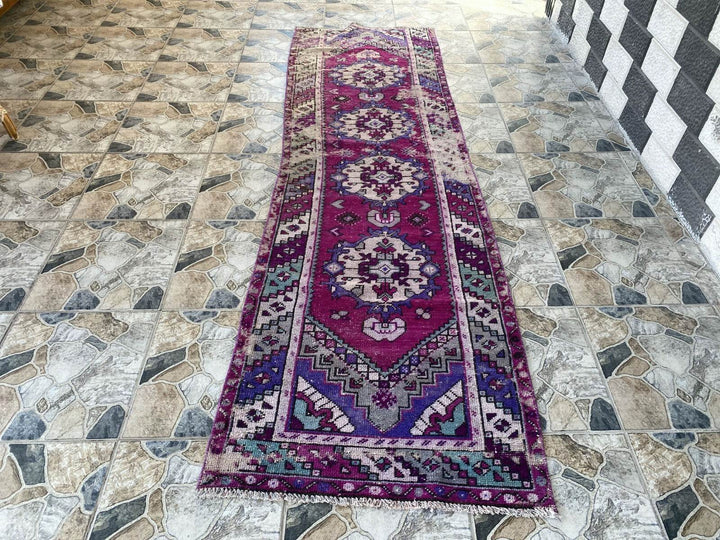 Geometric Turkish Vintage Rug,Farmhouse Handmade Anatolian Runner Rug 2.9x9.4 ft