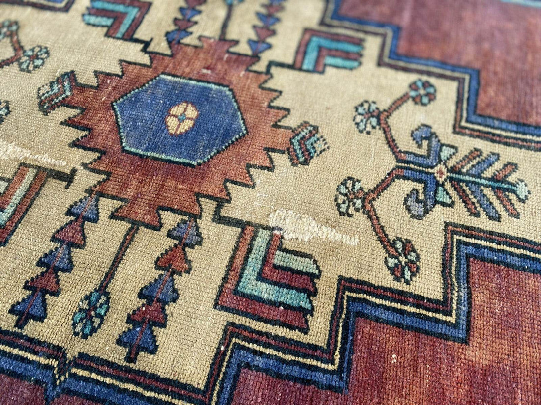 Pre 1950's Vintage Turkish Rug | Antique Tribal Handmade Wool Carpet 3.9x7.1 ft
