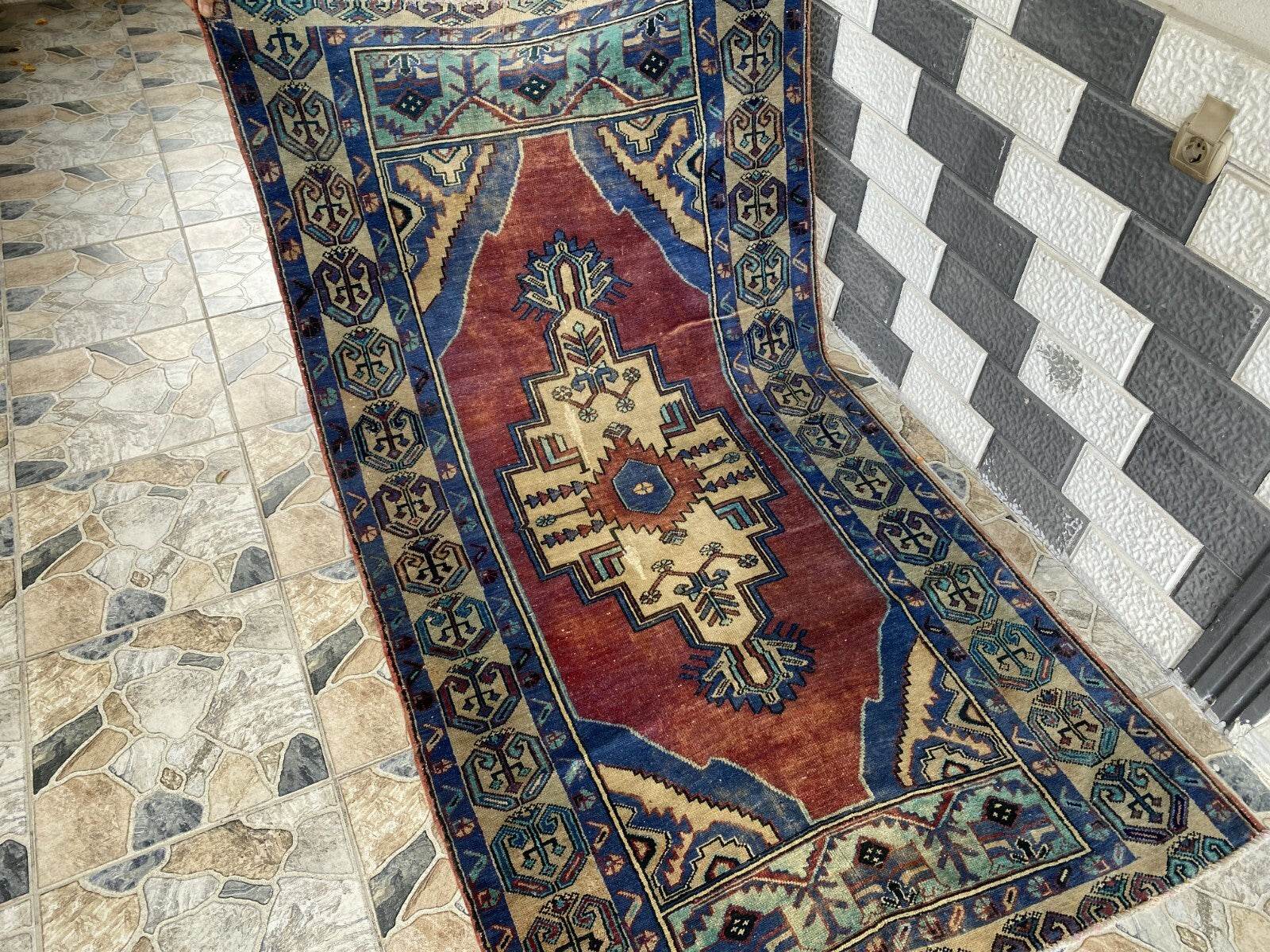 Pre 1950's Vintage Turkish Rug | Antique Tribal Handmade Wool Carpet 3.9x7.1 ft