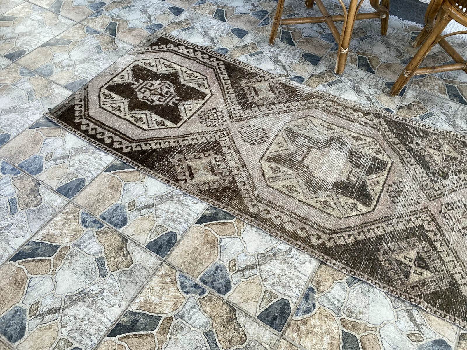 Vintage Handmade Turkish Runner Rug, 2.6x8.5 ft Brown Tribal Wool Hallway Carpet