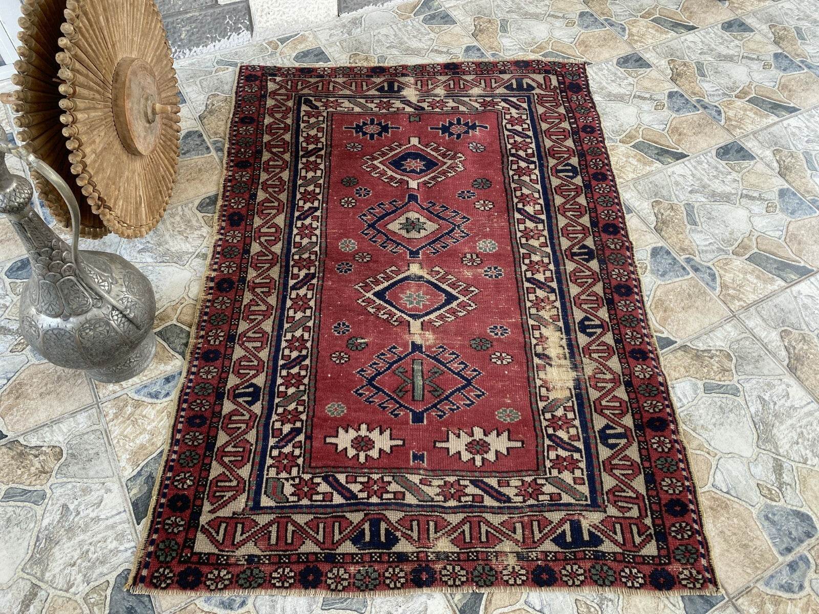 Vintage Caucasian Rug | 3.5x5 ft | Tribal Handmade Wool Rustic Farmhouse Carpet