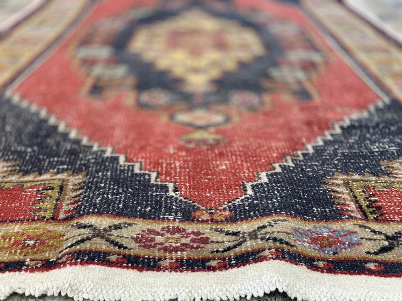 Vintage Oushak Geometric Rug, Handmade Turkish Anatolian Wool Carpet 4.2x8.6