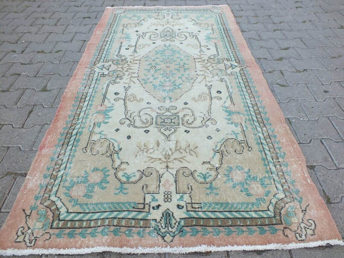 Vintage Oushak Farmhouse Rug, Turkish Anatolian Handknotted Wool Area 3.9x7.3 ft