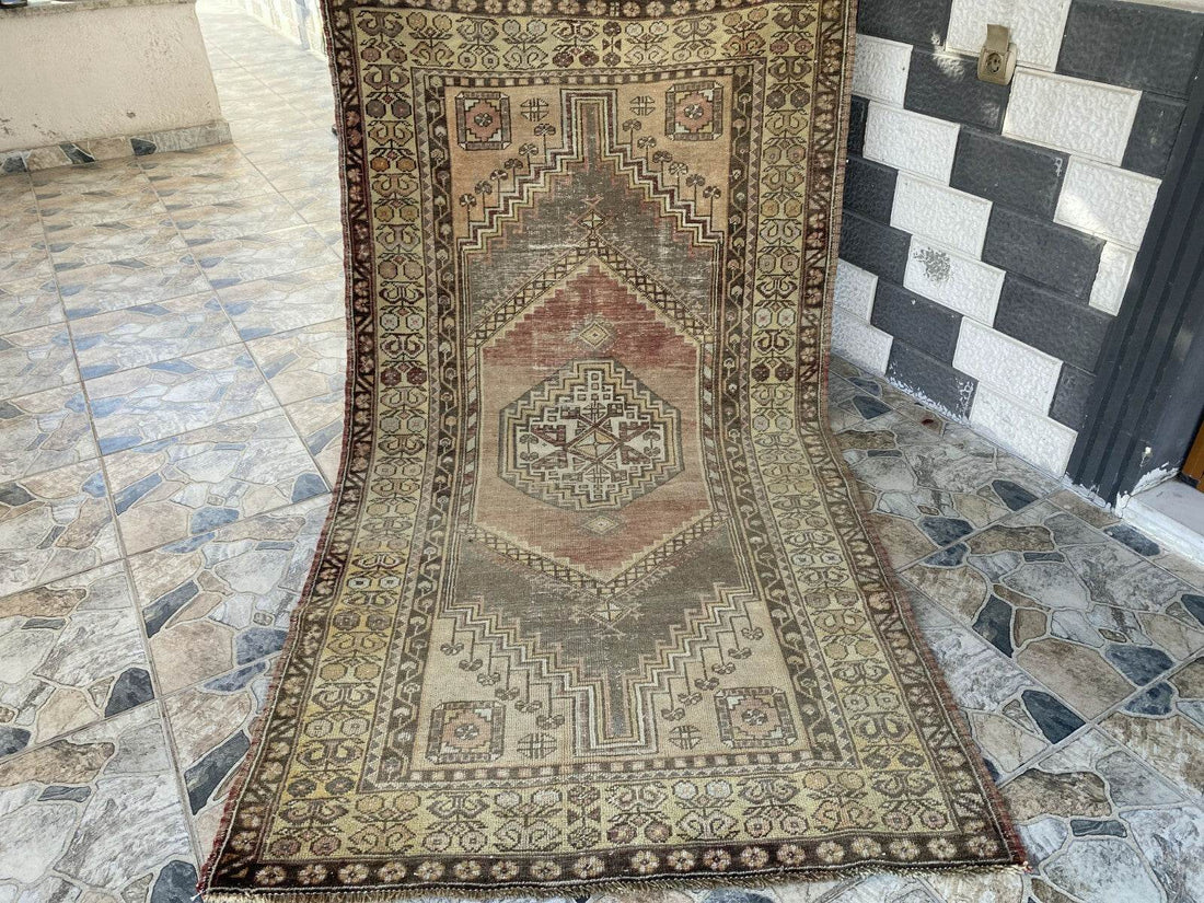 Vintage Turkish Oushak Rug, 4 x 7 ft Red Handmade Wool Antique Tribal Area Rug