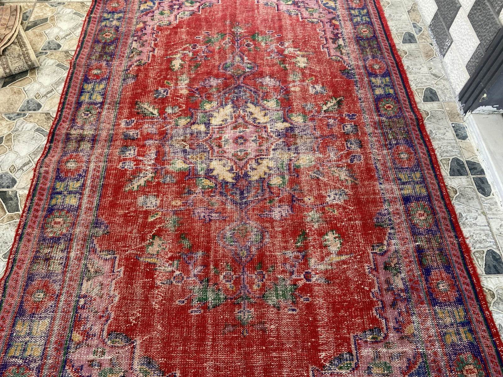 Vintage Hand-Knotted Wool Rug | 6.0 x 9.8 ft Anatolian Area Carpet Faded Tribal