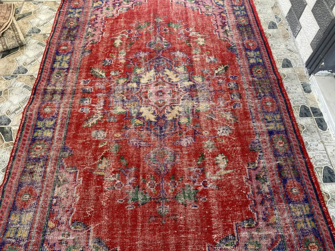 Vintage Hand-Knotted Wool Rug | 6.0 x 9.8 ft Anatolian Area Carpet Faded Tribal