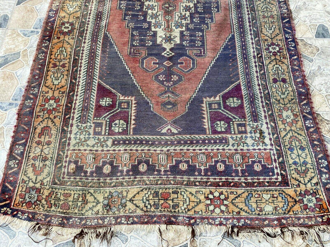 Vintage Turkish Wool Rug, Hand-Knotted Antique Geometric Oushak Area Rug 4x8 ft
