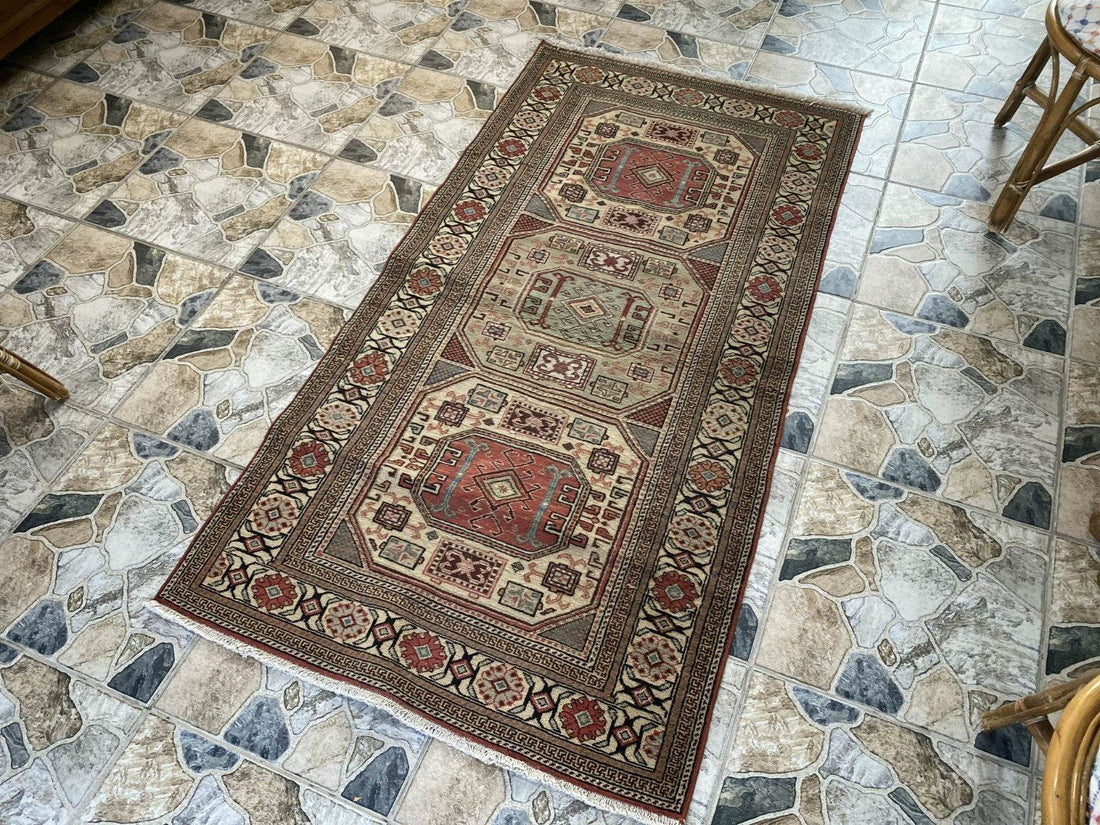 Vintage Turkish Wool Rug Hand-Knotted Antique Geometric Kayseri Tribal Area 3x6