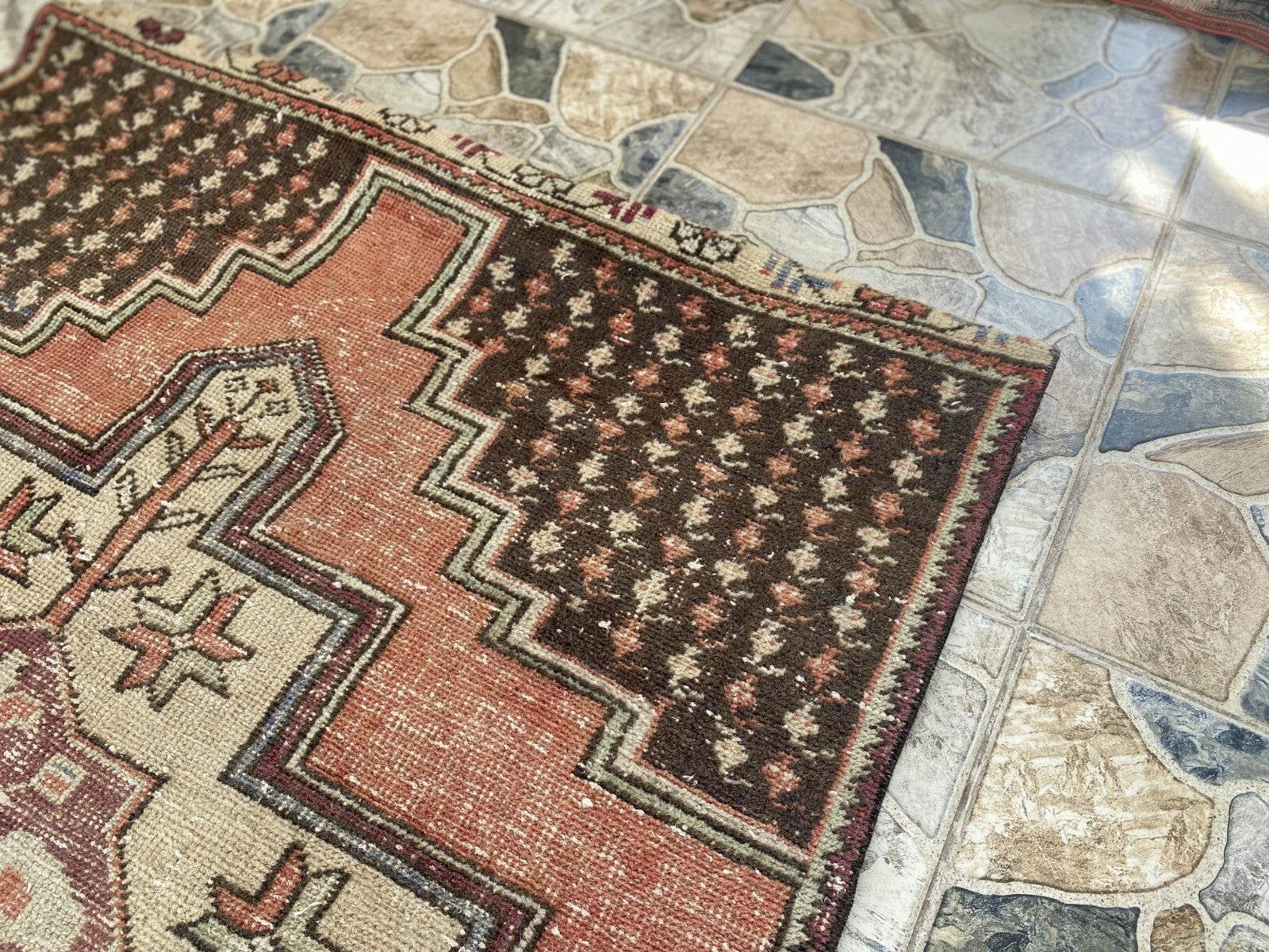 Geometric Turkish Vintage Rug,Farmhouse Vintage Anatolian Village Rug 3.6x7.8 ft