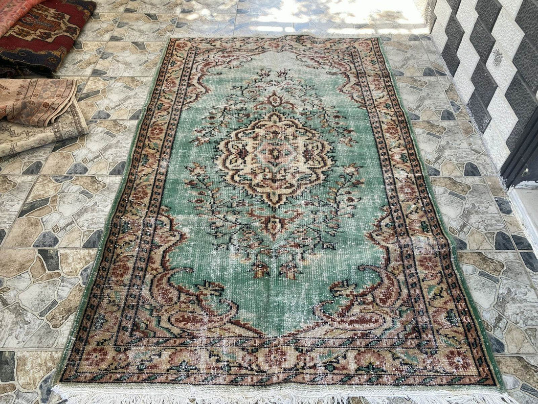 Vintage Hand-Knotted Wool Rug | 5.1 x 8.0 ft Anatolian Area Carpet Faded Rustic