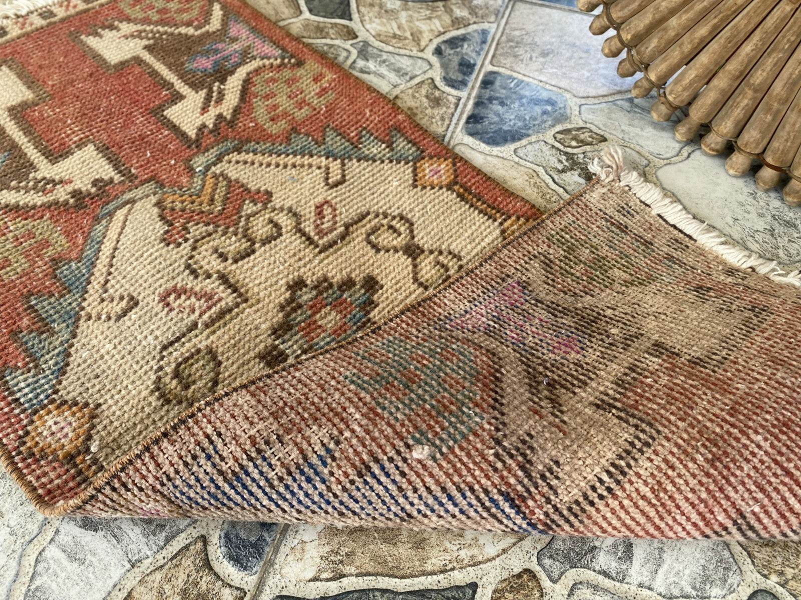 Vintage Turkish Wool Rug, Hand-Knotted Antique Geometric Oushak Small Runner 1x3