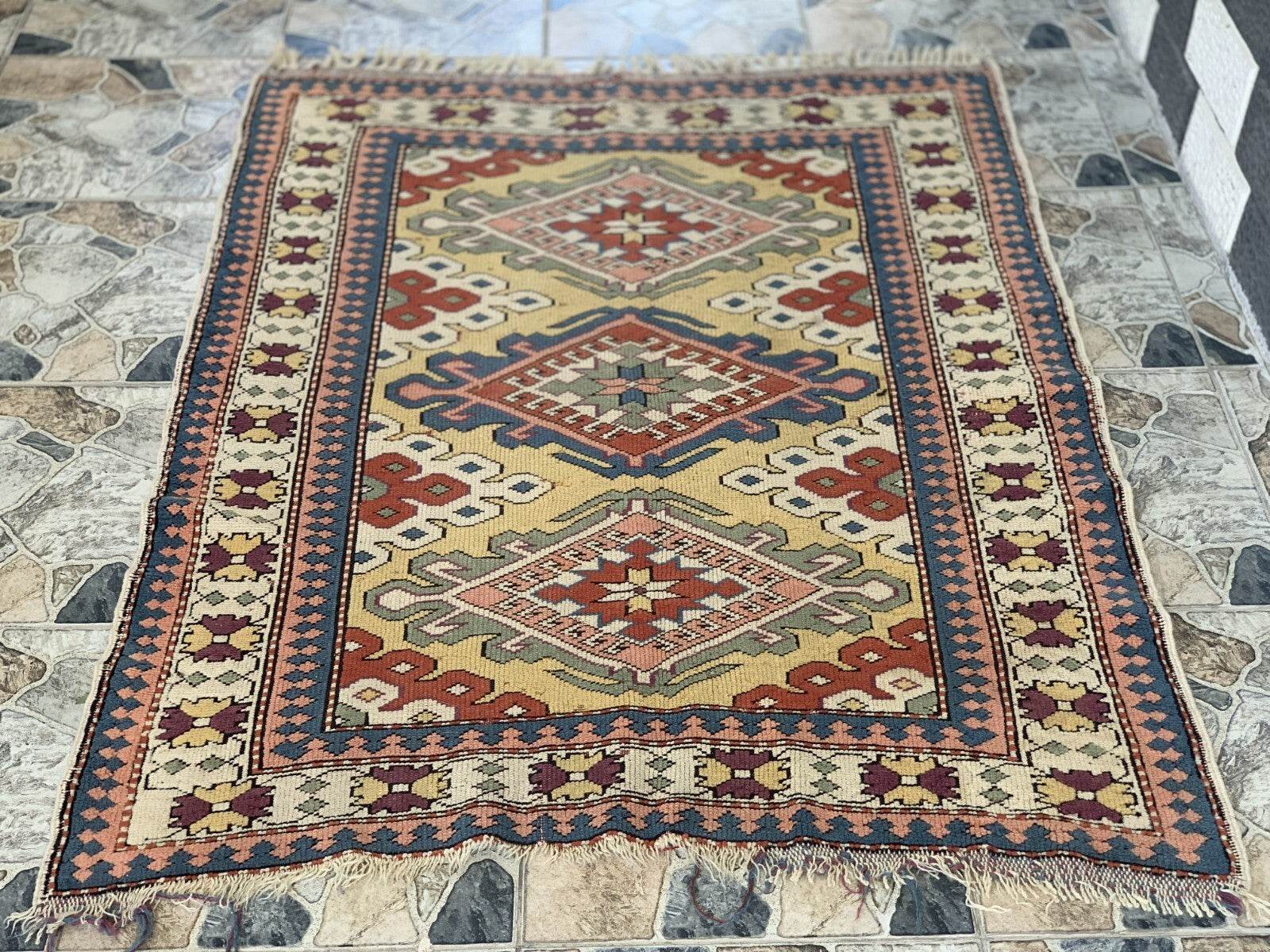 Vintage Handmade Turkish Wool Rug Anatolian Farmhouse Geometric Oushak 4.1x5.4ft